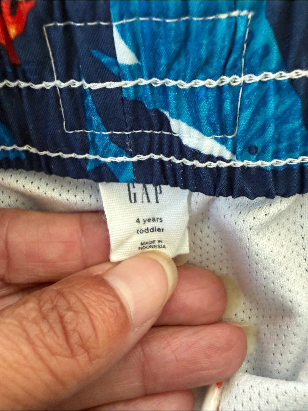 GAP Navy Blue Shark Print Swim Trunks with Red Coral Accents